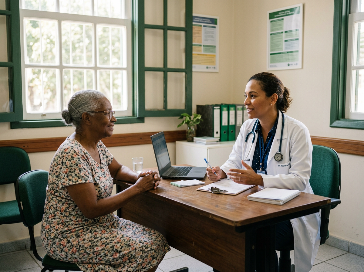 Médica conversando com uma paciente durante uma consulta